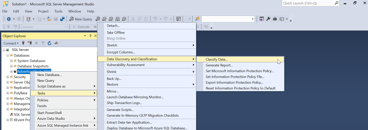 Screenshot showing the SSMS Object Explorer with Tasks > Data Discovery and Classification > Classify Data... selected.