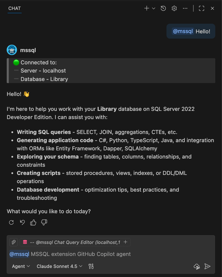 Screenshot of the @mssql chat participant welcome message showing the connected database details.