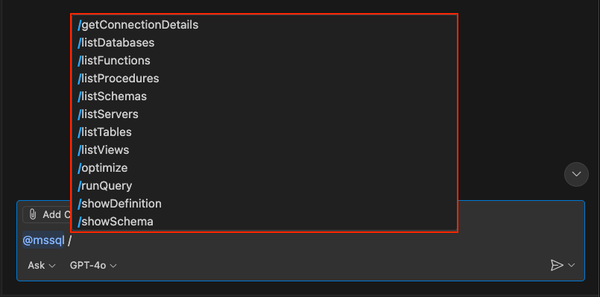 Screenshot of the second set of slash command options from the MSSQL extension in GitHub Copilot chat.